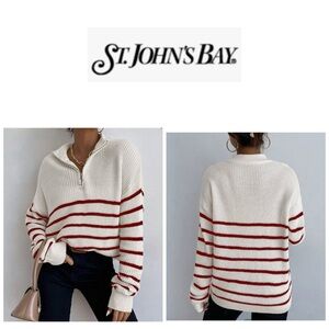 St. John's Bay Ivory and Red Stripes Crew Neck Long Sleeve Sweater S
